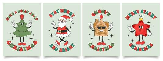 Set of Christmas cards with retro Groovy hippie characters. Santa Claus, Christmas tree, gingerbread, Christmas star. Holiday illustrations in cartoon style. Vector