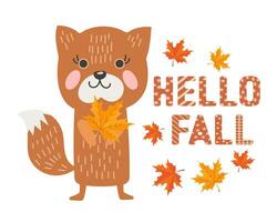 Cute fox in doodle style with autumn leaves and text Hello fall. Print, children's illustration, vector