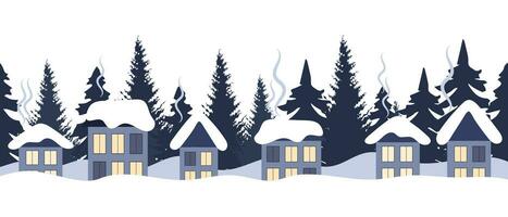 casas rurales cubiertas de nieve con abetos. fondo de invierno, borde sin costuras, vector