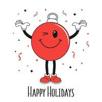 retro maravilloso hippie personaje de alegre Navidad juguete pelota con contento Días festivos caligrafía. Navidad fiesta tarjeta en de moda dibujos animados estilo. vector