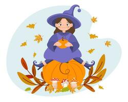 Cute little witch with pumpkins. Halloween illustration, kids print, vector