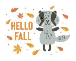 Cute badger in doodle style with autumn leaves and text Hello fall. Print, children's illustration, vector