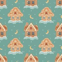 Christmas background of gingerbread houses with snow and moon. Seamless pattern in flat cartoon style. Vector
