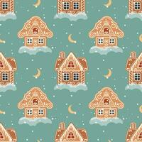 Christmas background of gingerbread houses with snow and moon. Seamless pattern in flat cartoon style. Vector