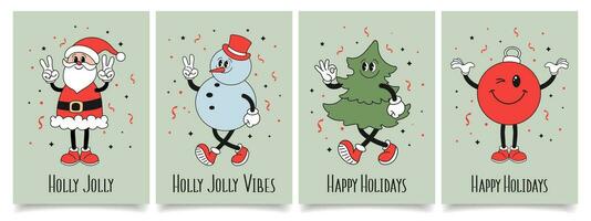 Set of Christmas cards with retro Groovy hippie characters. Snowman, Santa Claus, Christmas tree, Christmas decoration ball. Holiday illustrations in trendy cartoon style. Vector