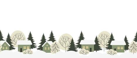 Winter landscape with houses in the snow, fir trees and trees. Seamless border pattern for text. Template, print, vector