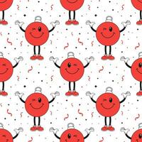 Seamless pattern, retro hippie character of a cheerful Christmas ball. Christmas print, background in cartoon style. Vector