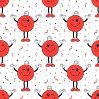 Seamless pattern, retro hippie character of a cheerful Christmas ball. Christmas print, background in cartoon style. Vector