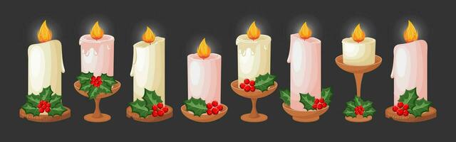 A set of Christmas candles in berries and holly leaves on candlesticks, stands. Christmas light decoration set. Vector