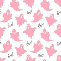 Seamless pattern, cute pink ghosts and the word boo. Halloween print, background, textile, vector