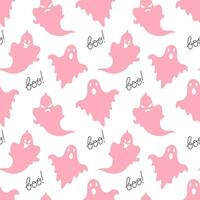 Seamless pattern, cute pink ghosts and the word boo. Halloween print, background, textile, vector