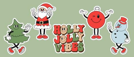 conjunto de pegatinas, retro maravilloso hippie caracteres. muñeco de nieve, Papa Noel noel, Navidad árbol, Navidad decoración pelota. Navidad fiesta íconos en de moda dibujos animados estilo. vector