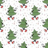 Seamless pattern, retro hippie character of a merry Christmas tree. Christmas print, background in cartoon style. Vector