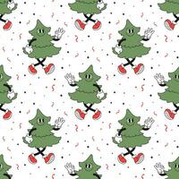 Seamless pattern, retro hippie character of a merry Christmas tree. Christmas print, background in cartoon style. Vector