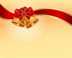 Christmas glowing background with bell, red bow and ribbon on golden red background of snowflakes. Print, poster, vector