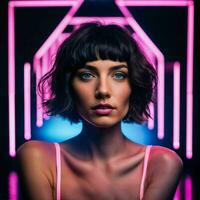 photo of beautiful woman with short hair and mixed pink neon light, generative AI