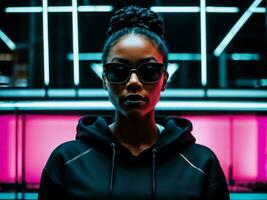 photo of black woman in black hoodie in server data center room with neon light, generative AI