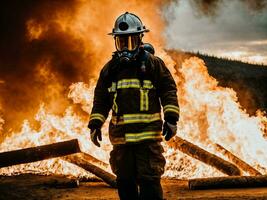 foto de bombero con grande fuego nube y fumar en fondo, generativo ai