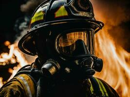 photo of firefighter with big fire cloud and smoke in background, generative AI