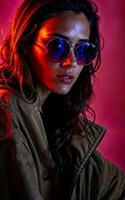 photo of beautiful woman with red and pink lighting and backdrop , generative AI