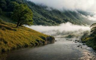 photo of landscape mountain view with fluffy smoke and cloud, generative AI