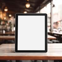 AI Generative High quality photo of big tablet with blank screen on the table, perfect to create mockup preview