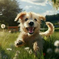 ai generativo alto calidad foto de un contento perro jugando pelota en el césped