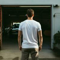 AI generative A man wearing a plain white t - shirt on the garage facing backwards, perfect to create tshirt mockup photo