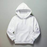 Blank white hoodie lying on the table, photographed from above photo