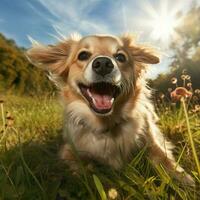 ai generativo alto calidad foto de un contento perro jugando pelota en el césped