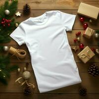 ai generado blanco blanco camiseta acostado en un dormido posición en un de madera mesa, junto a eso son varios Navidad cosas foto