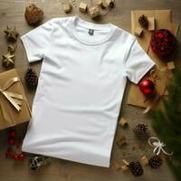 AI generated Blank white t-shirt lying in a sleeping position on a wooden table, beside it are several Christmas stuff photo