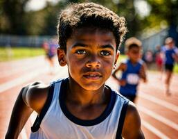 foto de chico niños corriendo carrera deporte a escuela, generativo ai