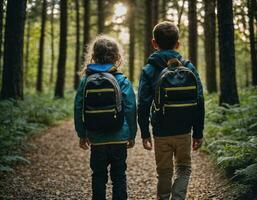 photo group of kids as a backpacker in the dark wood, generative AI