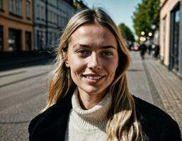 photo of beautiful european woman walking in street and building retro style, generative AI