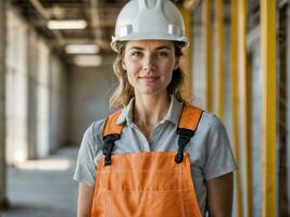 photo of woman as a construction worker with helmet, generative AI