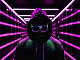 photo of black man in black hoodie in server data center room with neon light, generative AI