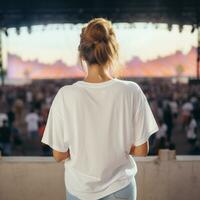 ai generado niña modelo vistiendo blanco demasiado grande t - camisa. música concierto vista. espalda vista. moderno estilo foto