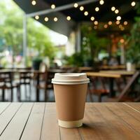AI generative Brown Paper Coffee Cup, On a Wooden Table, with blur background of cafe, hyper realistic photo