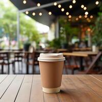 Brown Paper Coffee Cup, On a Wooden Table, with blur background of cafe, hyper realistic photo