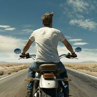 AI generative Photo of a man on the bike wearing a plain white t-shirt facing backwards