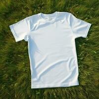 AI generative High quality of Blank white t-shirt on the green grass, perfect for mockup preview photo