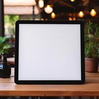 AI Generative High quality photo of big tablet with blank screen on the table, perfect to create mockup preview