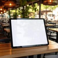 AI Generative High quality photo of big tablet with blank screen on the table, perfect to create mockup preview