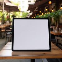 High quality photo of big tablet with blank screen on the table, perfect to create mockup preview