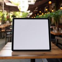 AI Generative High quality photo of big tablet with blank screen on the table, perfect to create mockup preview