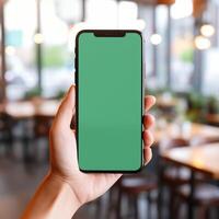 AI Generative Women hand holding smart phone with the screen is blank plain bright green, blur cafe background photo