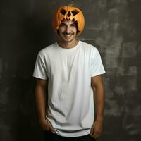 AI generated Man wearing blank white t - shirt, wearing Big halloween pumpkin mask photo