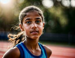 photo of girl kids running race sport at school, generative AI