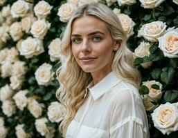 photo of beautiful woman in blonde hair color with white rose background, generative AI